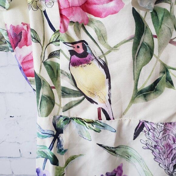 H&M Floral Bird Print Midi Sun Dress Open Back Size 4 NEW Yellow Ruffle Strap - Picture 5 of 13